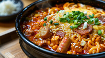 Close-up of korean cheese tteokbokki in a black bowl, topped with green onions, sesame seeds, and mixed ingredients