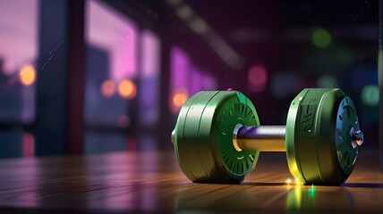 "Transform your workout with our AI-generated images of weighted dumbbells, set against a stunning background of purple and green lighting. Watch as the bokeh water splash adds a touch of magic to you