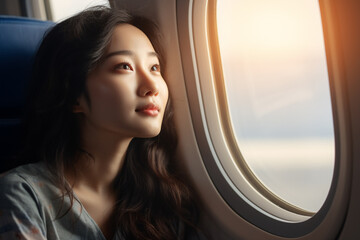 A gorgeous adult Asian woman sitting in an airplane next to the window chatting with the person next to her, with a sunny sky visible through the airplane window, a profile Angle - Powered by Adobe