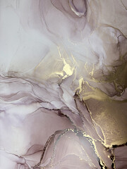 Abstract pink marble with gold — fluid art background with golden potal, stone texture made with alcohol ink. Big pink with brown natural marble backdrop resembles gold watercolor or aquarelle.

