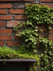 Weathered brick wall, dark red in color, stands strong, enduring. Over time, nature has made its mark, with green ivy growing vibrantly on upper part of wall. Leaves of ivy healthy, full of life.