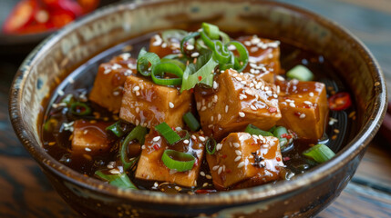 Traditional korean dish with braised tofu cubes, sesame seeds, and green onions in a spicy, savory sauce
