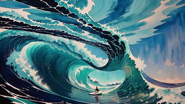 Ocean Waves Surfing Through the Curl 4K features an A.I. generated video of an ocean wave in a curl and the viewer moving through and images of surfers appearing.