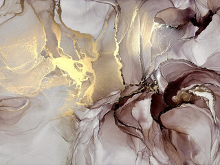 Abstract pink marble with gold — fluid art background with golden potal, stone texture made with alcohol ink. Big pink with brown natural marble backdrop resembles gold watercolor or aquarelle.

