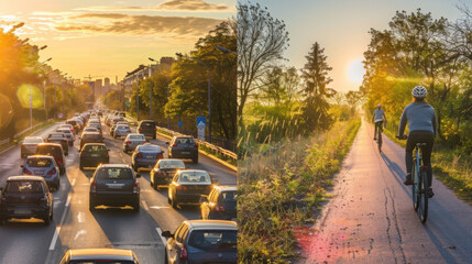 award winning photography, billboard advertisement, Rush Hour Traffic vs Peaceful Bike On the left, a scene of bumper to bumper traffic on a city street under the cool light of ear