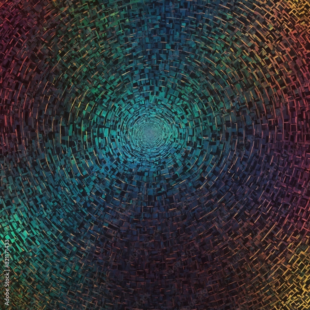 Poster mesmerizing vortex of multicolored blocks spirals towards central point, creating optical illusion o