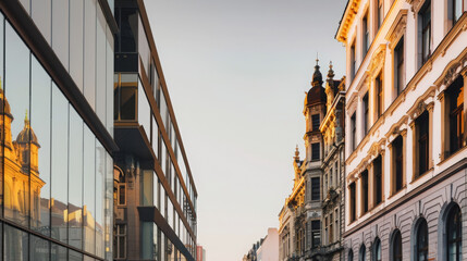 award winning photography, billboard advertisement, Sleek Modern Architecture vs Historic A scene of contemporary architecture with clean lines and glass facades under cool, gray d