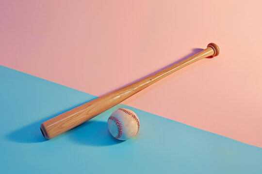 Wooden baseball bat and ball rest on a split pink and blue background, offering a vibrant, minimalist sports concept - Powered by Adobe
