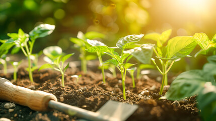 A close-up of seedlings growing from moist soil in a seed tray, next to gardening tools. Sunlight streams in, highlighting the tiny new growth and promising a bountiful harvest to come.