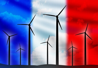 Wind turbines. Flag of France. Alternative energy. Windmills silhouettes. Wind farm in France....