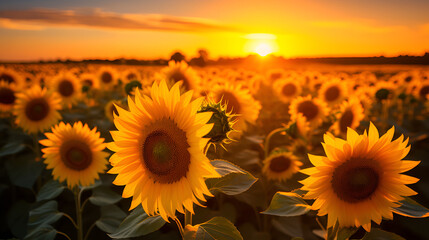a field of sunflowers bathed in the golden light of a setting sun
