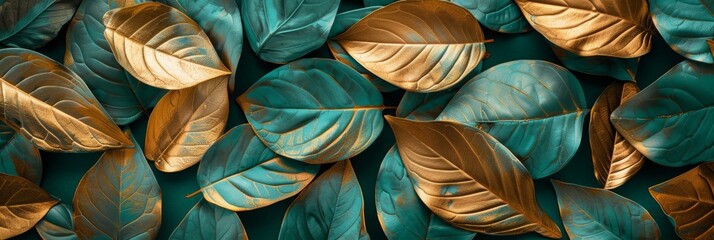 Autumn Composition with Green and Gold Leaves Generative AI