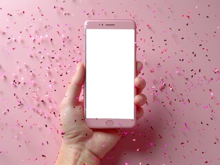 Colorful confetti celebrating winning smart phone party. 3D render of confetti-covered smartphone mockup. Illustration of smart 3D screen with colorful confetti surprise widget. Blank phone screen 