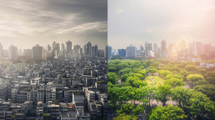 award winning photography, billboard advertisement, Urban Sprawl vs Green The left side depicts a dense urban area with concrete and minimal greenery under a cool, grey sky, showca