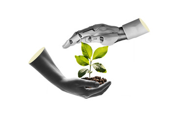 Robot hand and human hand holding a young plant isolated against free png background. Sustainable...