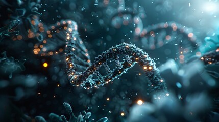 A close-up of a glowing DNA double helix with intricate details against a blue background, illustrating the complexity of genetic material and advancements in biotechnology.
