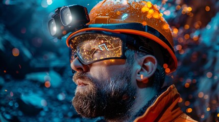 A close-up of a bearded miner wearing a helmet with a headlamp and high-tech protective goggles, reflecting a complex digital interface, illustrating futuristic and high-tech mining environment