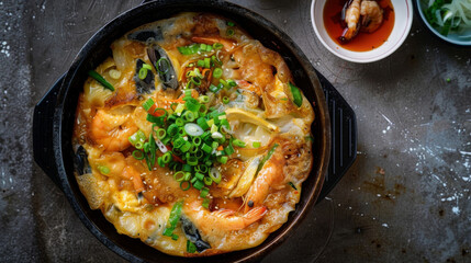 Korean seafood pancake, haemul pajeon, served in a black pan with green onion garnish and side...