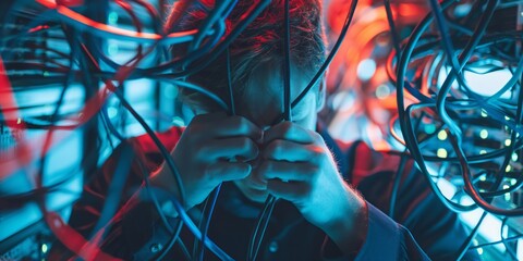 A person overwhelmed by a mess of tangled cables signifying confusion and complexity