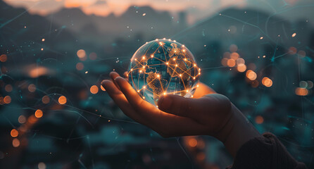 A digital globe surrounded glowing connections, held hands symbolizing global connectivity and the internet's impact on world cultures