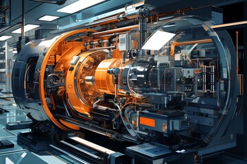 Obraz premium Advanced nanotechnology lab close-up, minimal digital painting showing the ultra-precise machinery and nanostructures, cold metallic tones