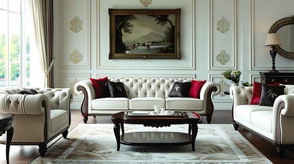 Illustrate a sophisticated lounge area featuring opulent sofas, sumptuous carpets, and eye-catching tables, harmonizing classical and modern design elements