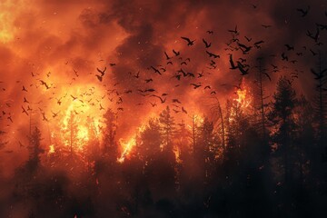 Disaster, forest fire with fire, smoke and running animals. Concept for an article about forest fires. Banner about forest protection.