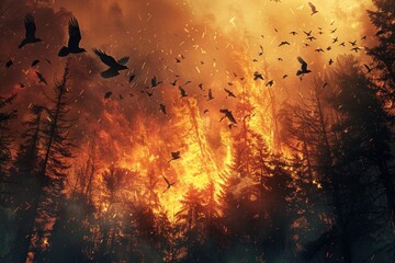 Disaster, forest fire with fire, smoke and running animals. Concept for an article about forest fires. Banner about forest protection.