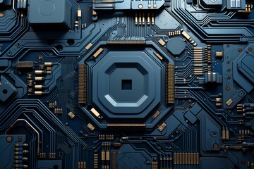 Fototapeta premium Artistic close-up of a functioning nano-scale electronic chip, minimal digital painting, capturing the essence of advanced technology, in blues and greys