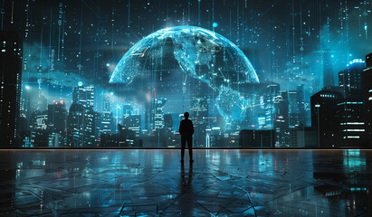 mans stands in the center of an advanced digital globe, surrounded by glowing lines and holographic projections depicting global data connections