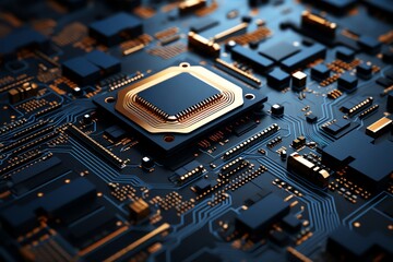 Fototapeta premium Artistic close-up of a functioning nano-scale electronic chip, minimal digital painting, capturing the essence of advanced technology, in blues and greys