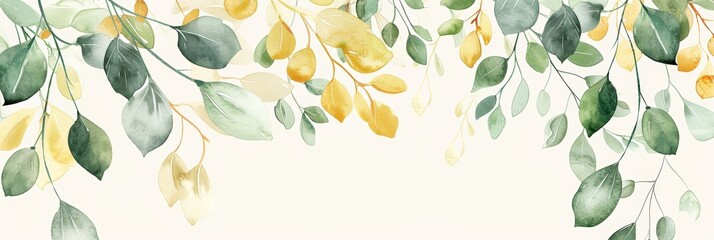 Watercolor Seamless Border with Green and Gold Leaves and Branches for Nature Inspired Designs Generative AI