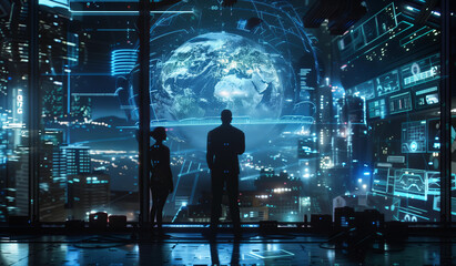 man stands in the center of an advanced digital globe, surrounded by glowing lines and holographic projections depicting global data connections