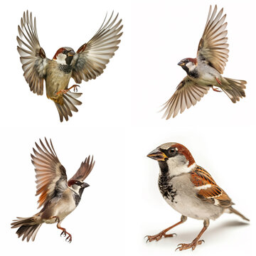 Various poses of house sparrows in flight and perched isolated on white background