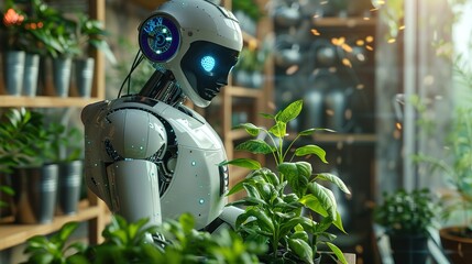 Domestic Robot Tending to Indoor Herb Garden. A domestic robot with a digital face is gently caring for an indoor herb garden, suggesting a blend of technology and sustainable living