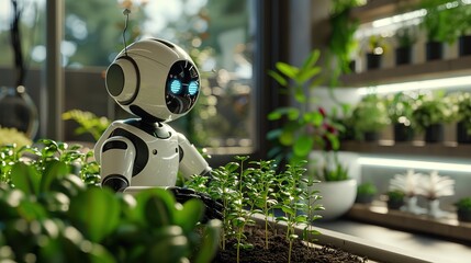 Domestic Robot Tending to Indoor Herb Garden. A domestic robot with a digital face is gently caring for an indoor herb garden, suggesting a blend of technology and sustainable living