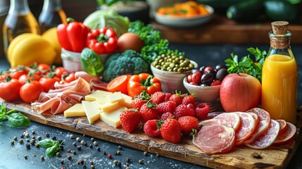 A delicious and colorful charcuterie board with fresh fruits, vegetables, cheese, and meats.