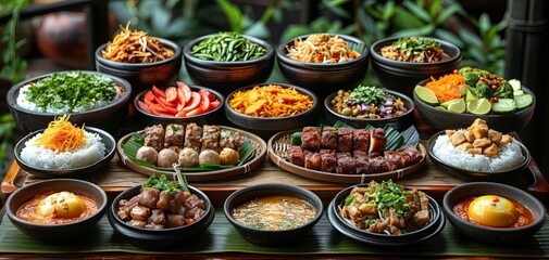 A table filled with diverse and colorful dishes, showcasing a variety of culinary delights.