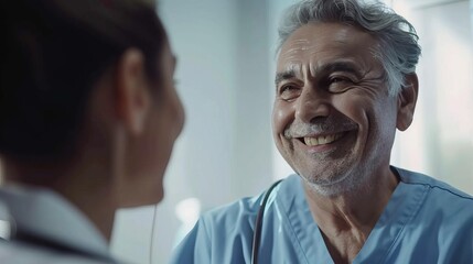 Fototapeta premium smiling grey-haired man looking at a nurse, with selective focus on his face, capturing the warmth and connection