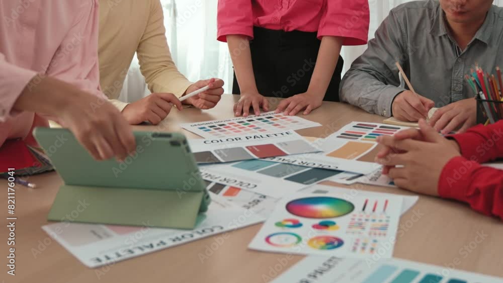Aufkleber hand closeup of designer team brainstorming and choosing color for graphic design working or client 