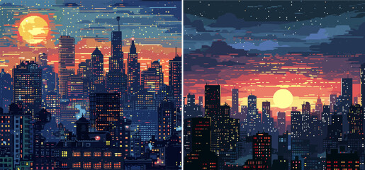 Cityscape pixel art vector concepts. 8 bit megacity skyscrapers sky clouds sunset sun modern architecture buildings, arcade video games assets illustrations