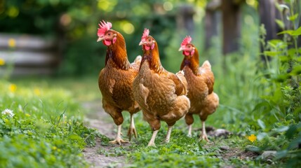 Three chickens walking on a grassy path in the woods, AI