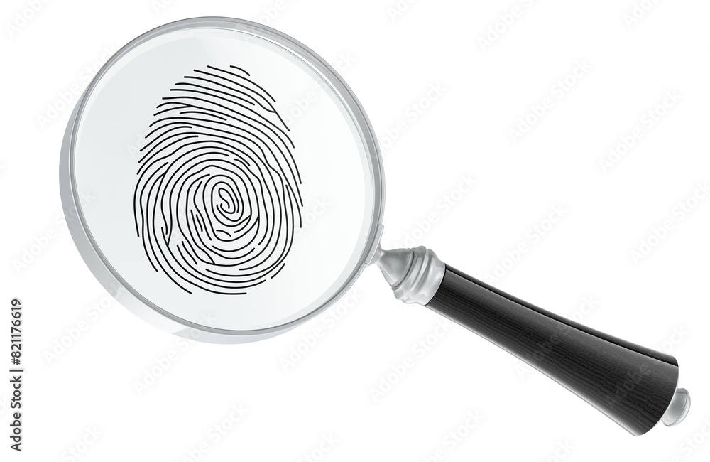 Poster fingerprint under loupe, magnifying glass. 3d rendering isolated on transparent background