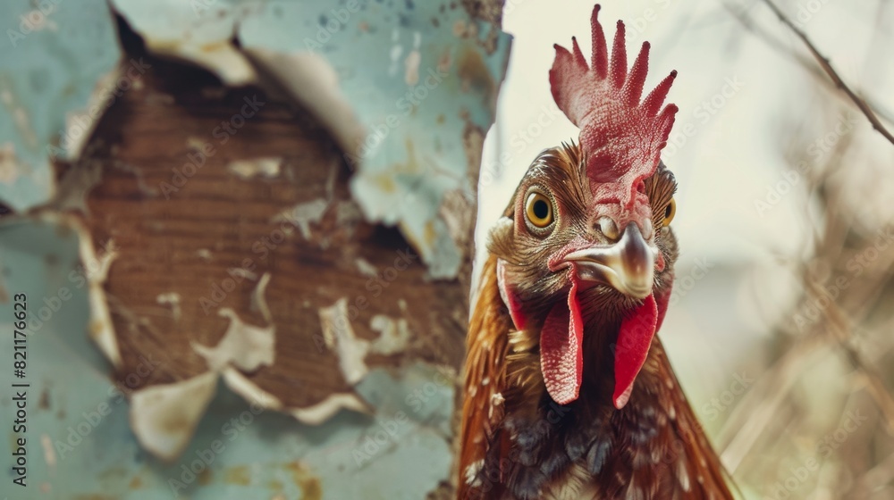 Wall mural a close up of a rooster looking through the hole in an old wall, ai