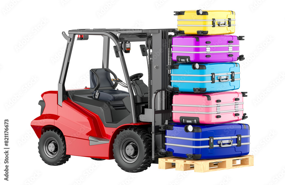 Poster forklift truck with stack of colored suitcases, 3d rendering isolated on transparent background