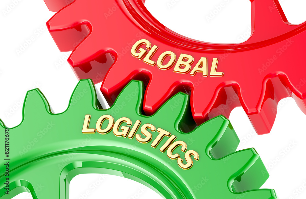 Poster global logistics concept with colored gearwheels. 3d rendering isolated on transparent background