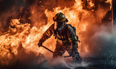 A brave firefighter in protective gear faces the fire. International Firefighters Day concept.