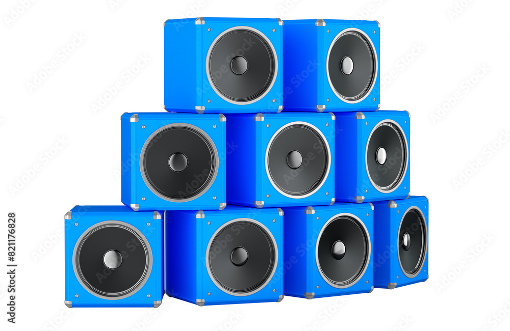 Poster stack of blue loudspeakers, 3d rendering isolated on transparent background