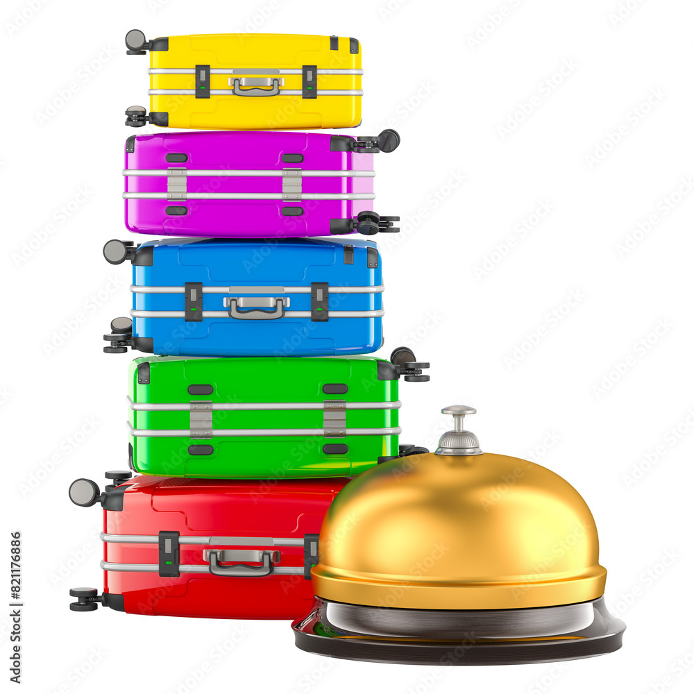 Poster booking service and travel concept. stack of colored suitcases with reception bell, 3d rendering iso