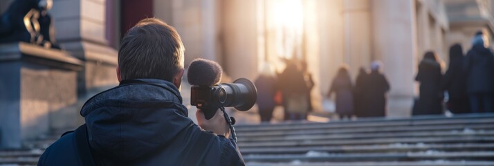 Photographer takes pictures of a cityscape at sunset with a digital SLR camera on a tripod